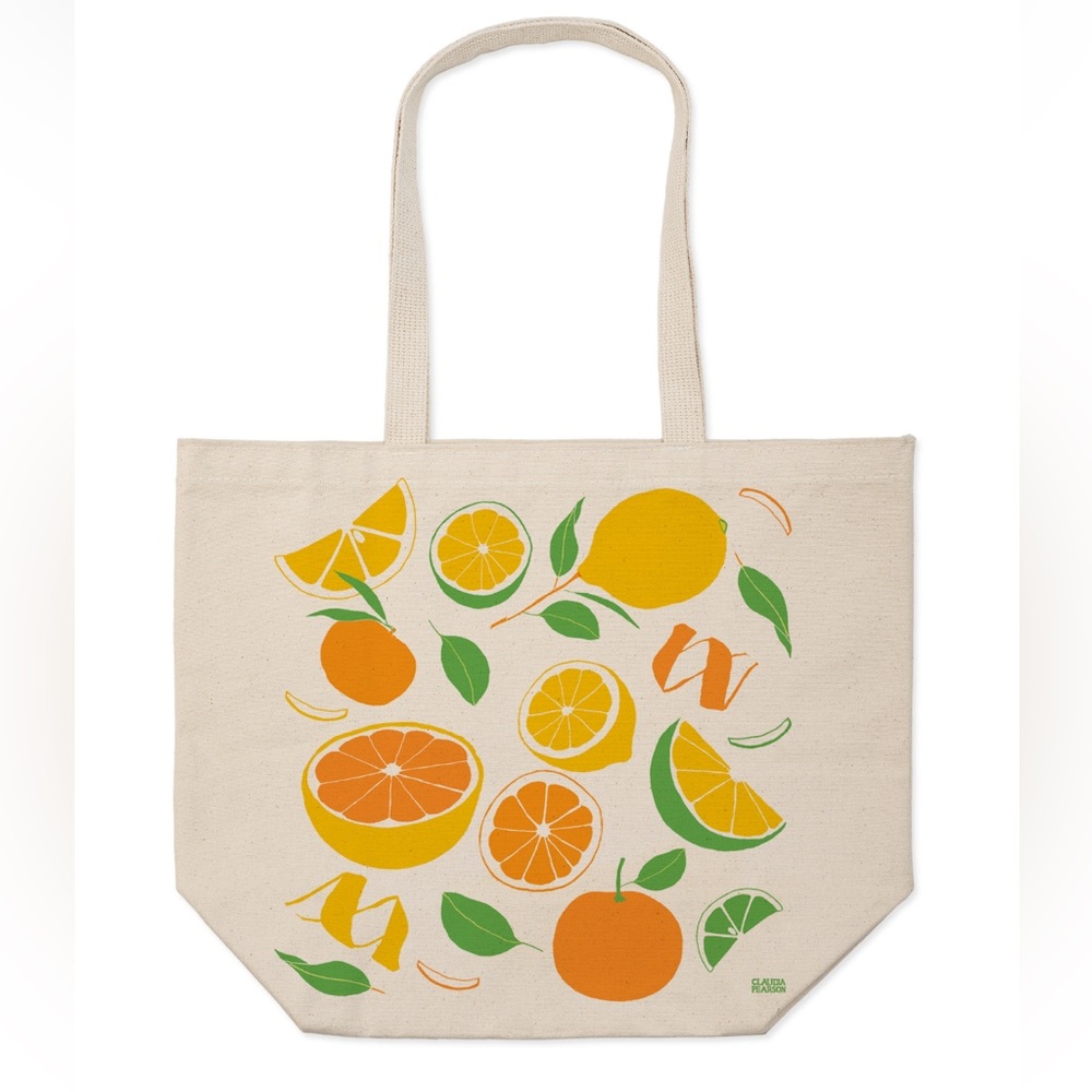CLAUDIA PEARSON Citrus Market Canvas Tote Bag - Orange, Lemon Lime Graphic - New